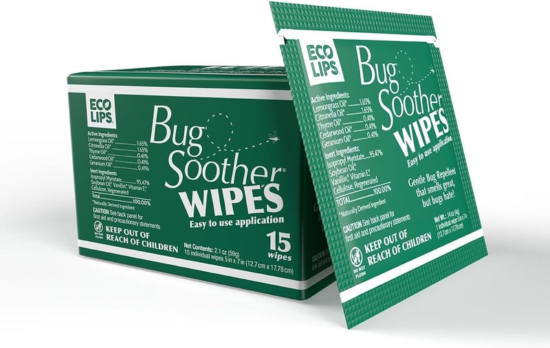 Bug Soother Natural Insect Repellent Wipes – DEET-Free Travel-Size Mosquito & Bug Repellent Towelettes, Family & Pet Safe, Made in The USA, Essential Oil Based (Lemongrass Vanilla), 15 Count Wipes - Image 1